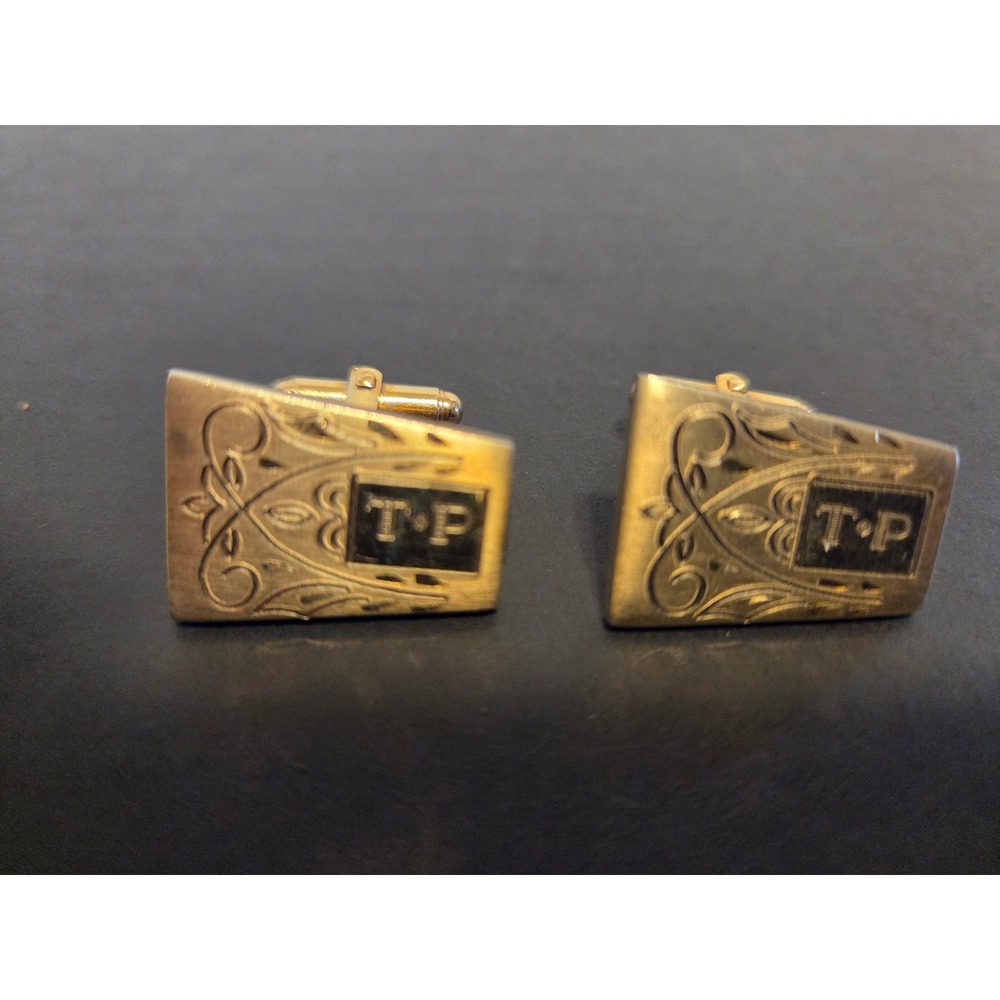 Vintage Gold Tone Monogrammed Cufflinks Etched Scroll Design Initials TP